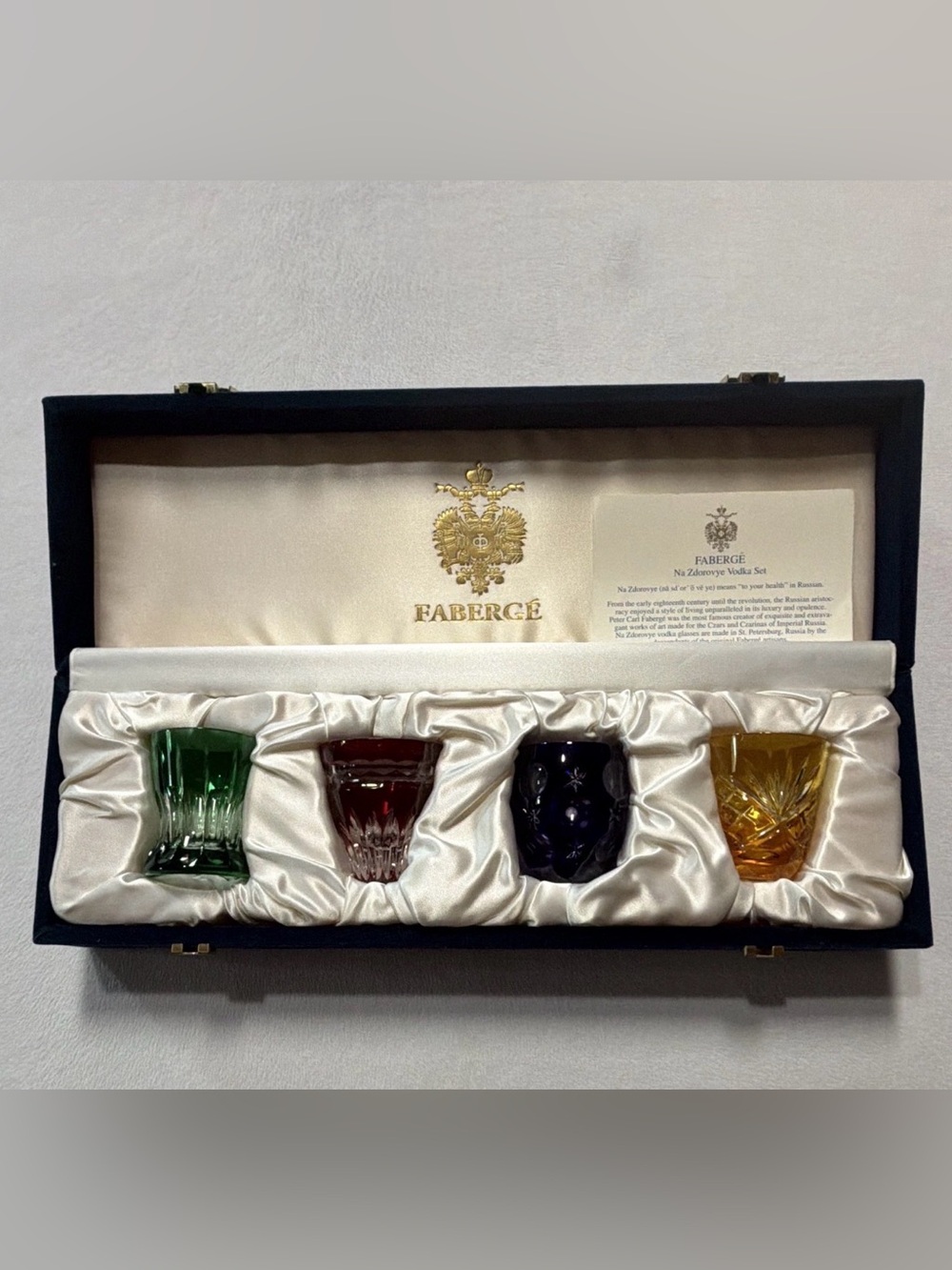 Fabergé Na Zdorovye Vodka Set 4pc Multicolor Glass Shot Glasses w/ Box